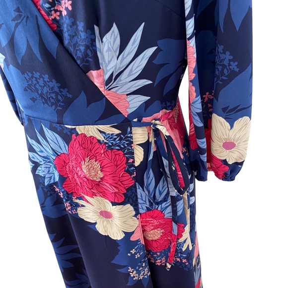 Eliza J Spring Winter Chic Floral Print Faux Wrap Tie Waist Midi Dress Navy - Picture 6 of 10